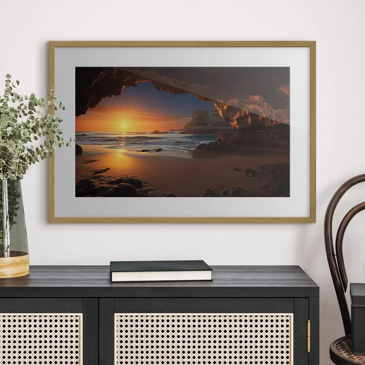 Poster Sonnenuntergang am Meer, eingerahmt von einer felsigen Höhle f50594