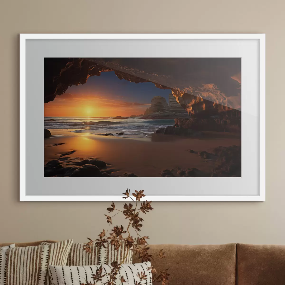 Poster Sonnenuntergang am Meer, eingerahmt von einer felsigen Höhle f50594
