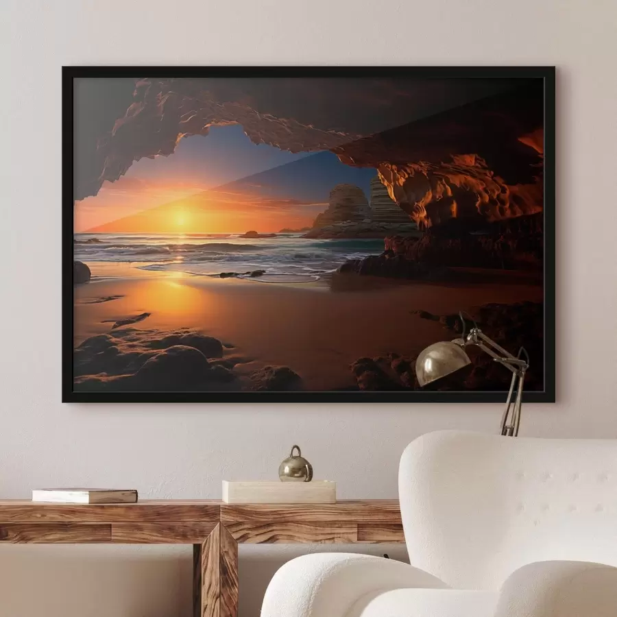 Fototapete Sonnenuntergang am Meer, eingerahmt von einer felsigen Höhle f50594