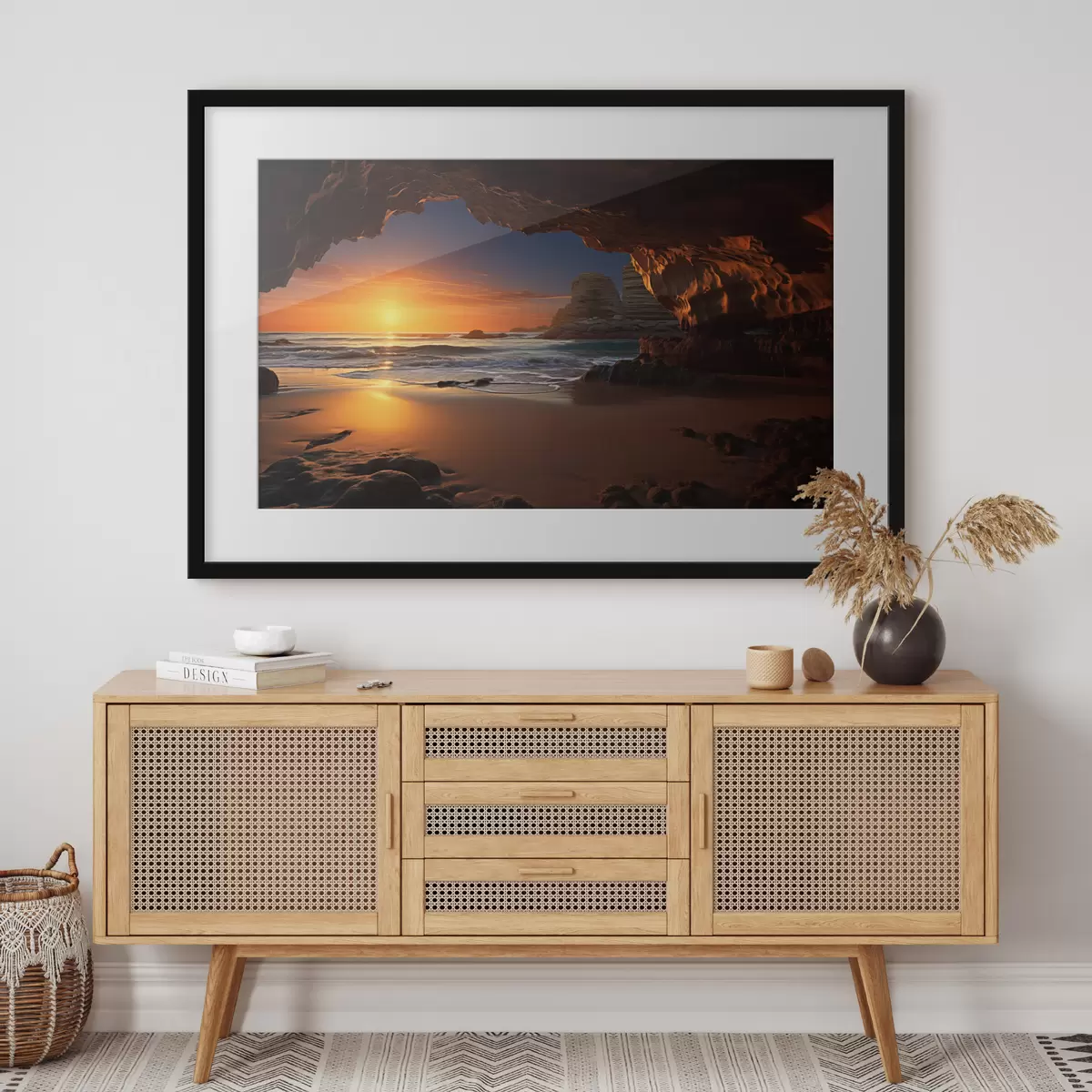 Poster Sonnenuntergang am Meer, eingerahmt von einer felsigen Höhle f50594