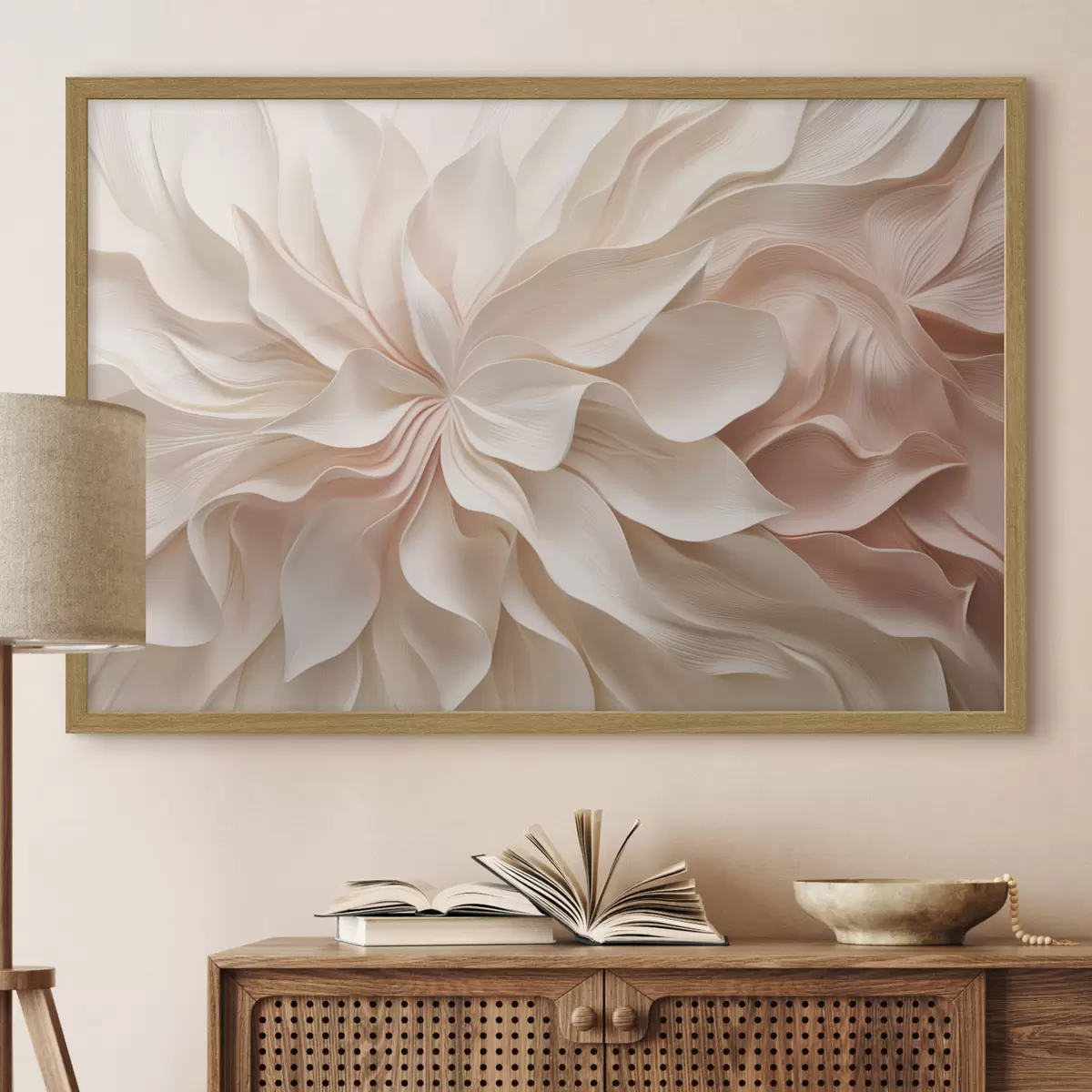 Poster Dreidimensionale Blumenmotive in Creme- und Rosatönen f50599