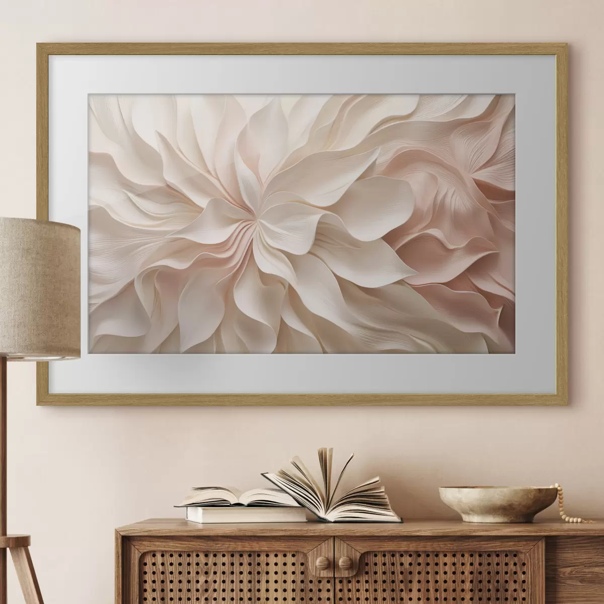 Poster Dreidimensionale Blumenmotive in Creme- und Rosatönen f50599