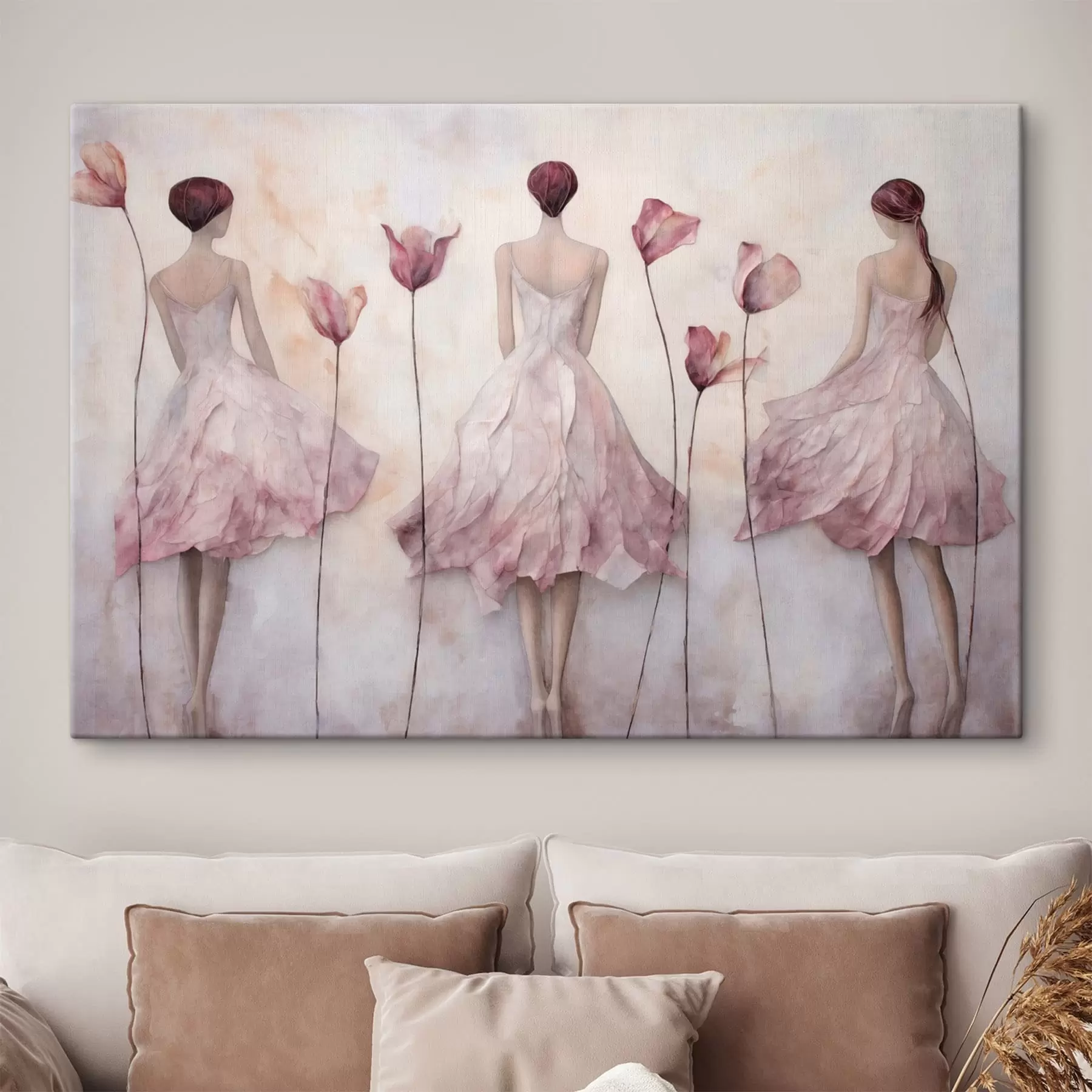Fototapete Drei weibliche Figuren in rosa Kleidern inmitten von Blumen s50582