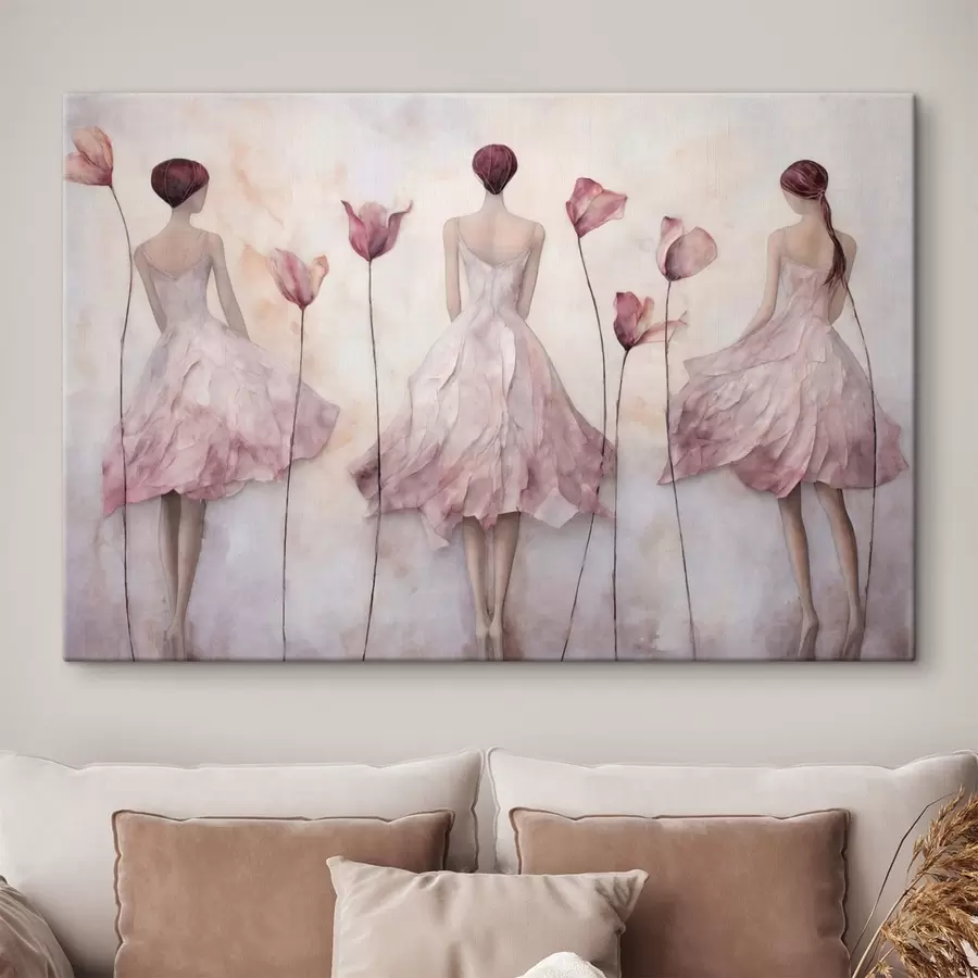 Fototapete Drei weibliche Figuren in rosa Kleidern inmitten von Blumen s50582
