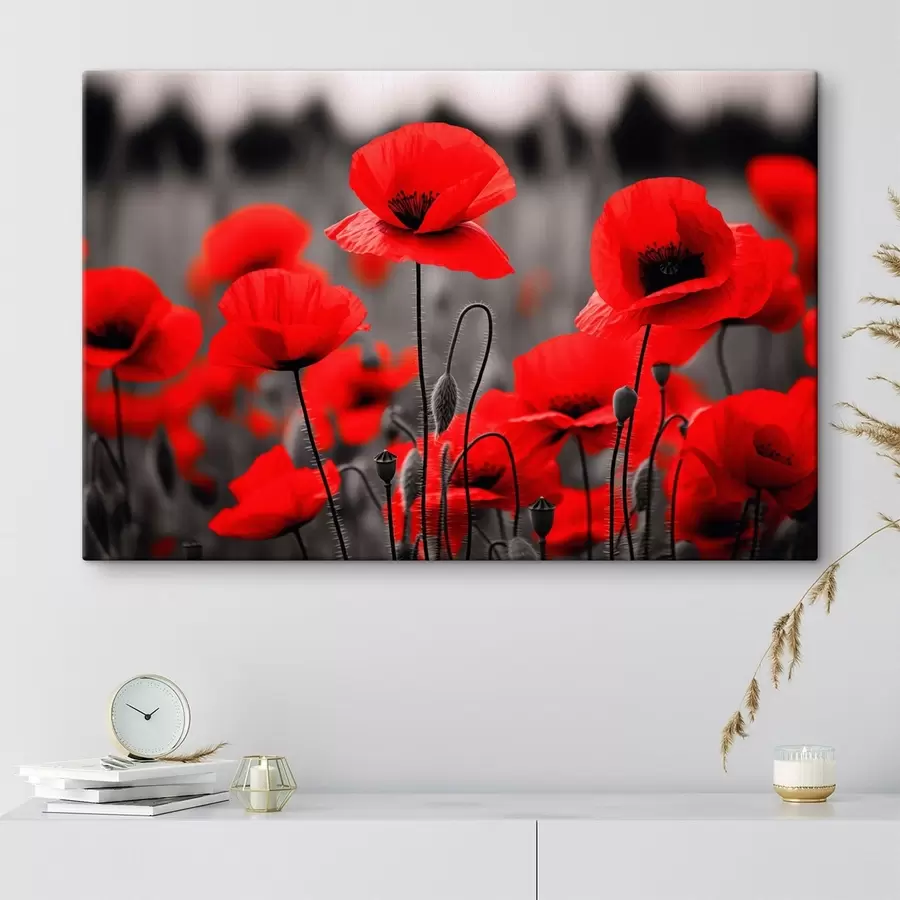 Fototapete Leuchtend rote Mohnblumen vor einem einfarbigen Hintergrund s50584