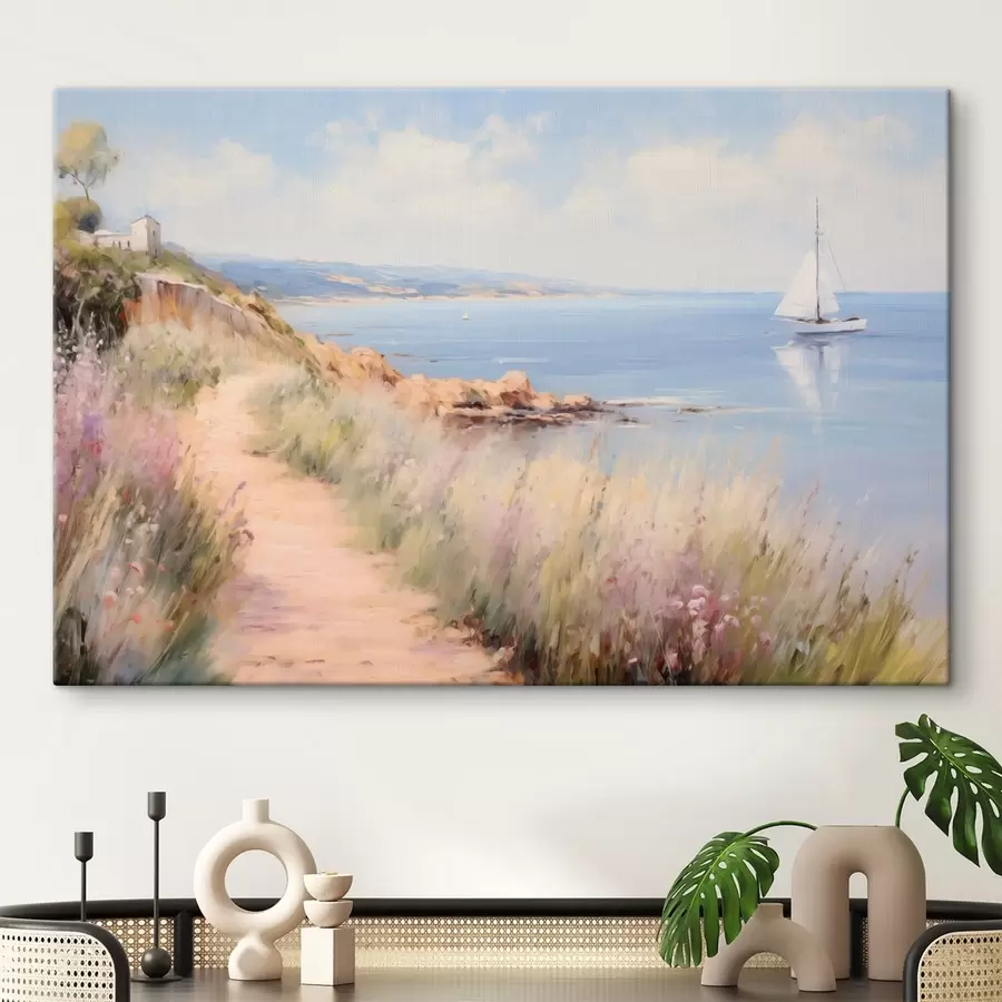 Fototapete Küstenweg mit Blumen und einem Segelboot s50592