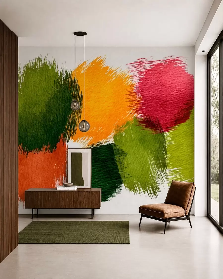 Fototapete Abstrakte Pinselstriche in Grün, Orange und Rosa w05859