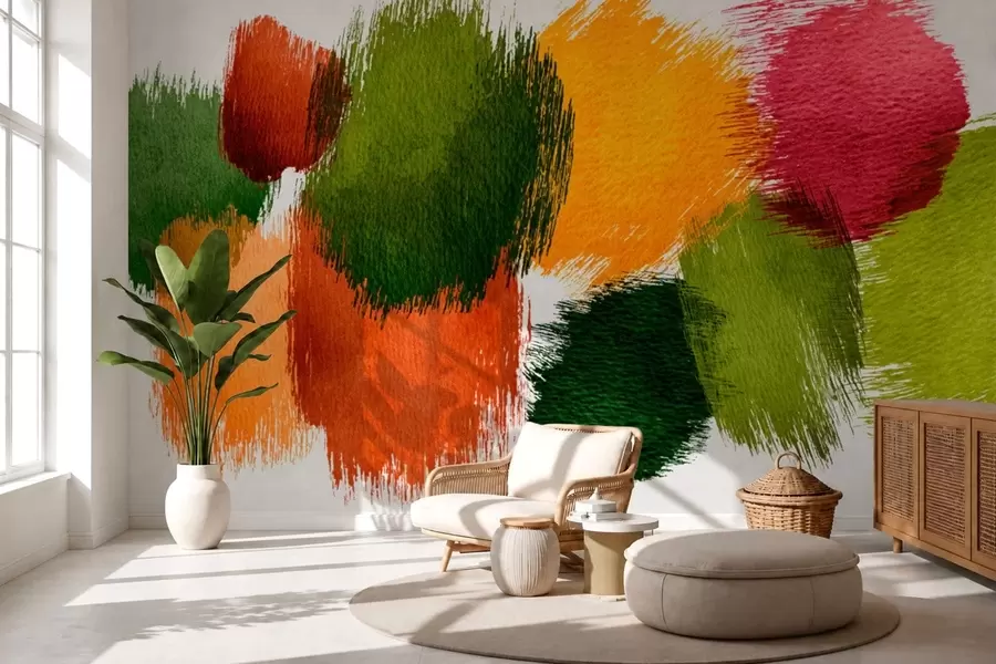 Fototapete Abstrakte Pinselstriche in Grün, Orange und Rosa w05859