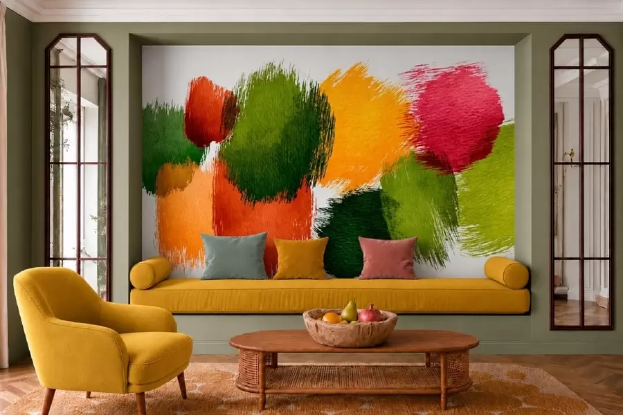 Fototapete Abstrakte Pinselstriche in Grün, Orange und Rosa w05859