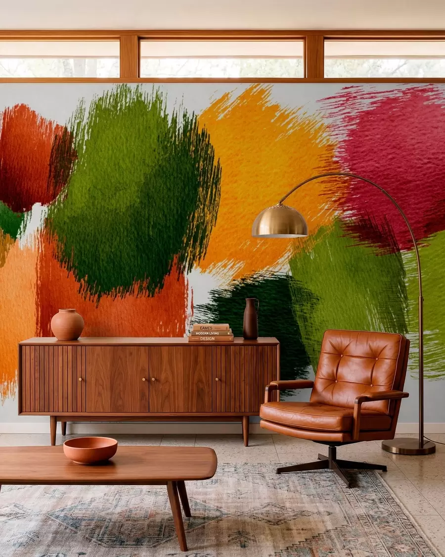 Fototapete Abstrakte Pinselstriche in Grün, Orange und Rosa w05859