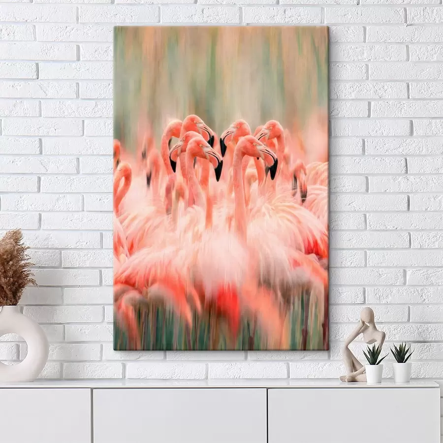Fototapete Ein Schwarm rosa Flamingos mit einem künstlerischen Unschärfeeffekt in Pastelltönen s50008