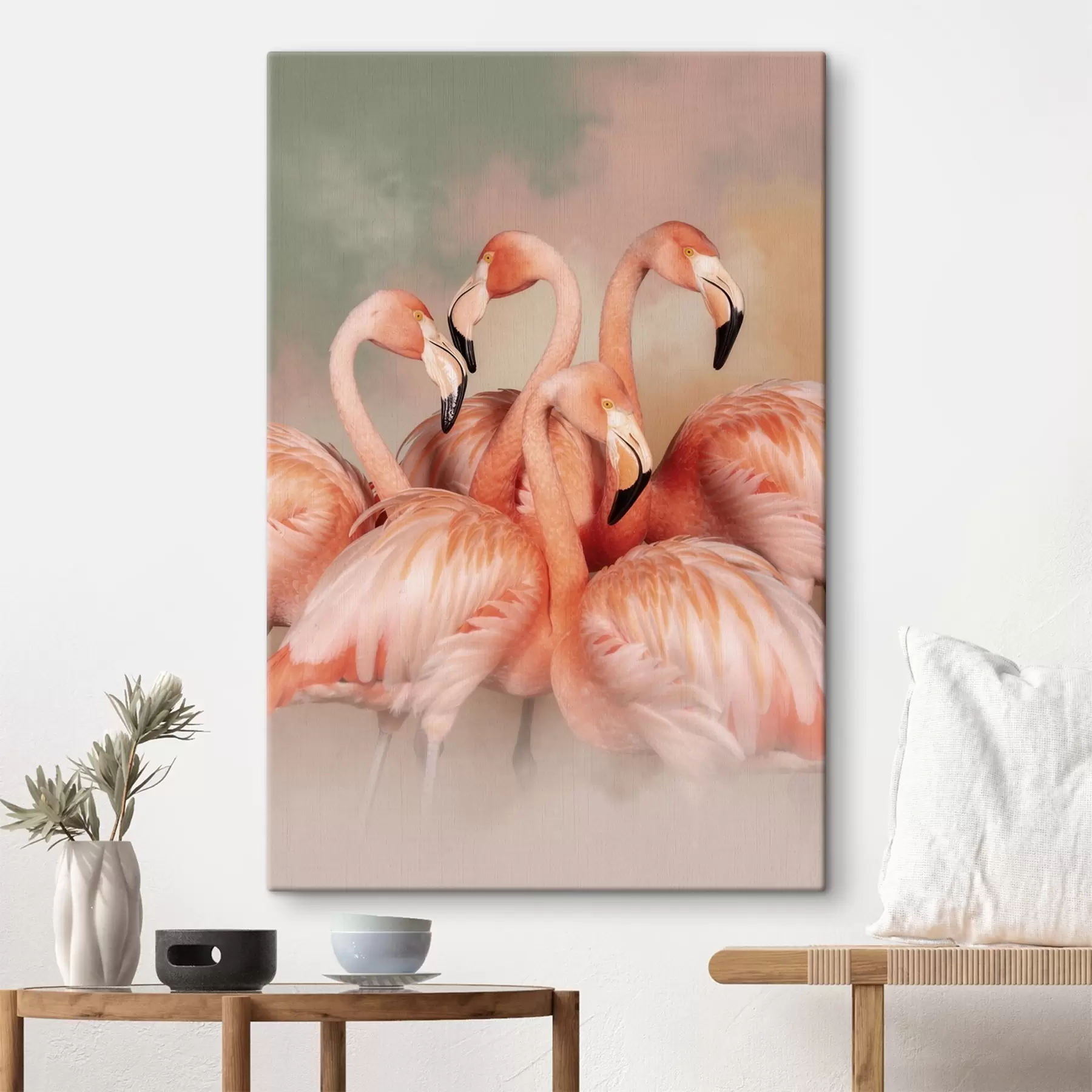 Fototapete Rosa Flamingos in einem Pastellfarbene Schleier: eine dekorative Komposition s50009