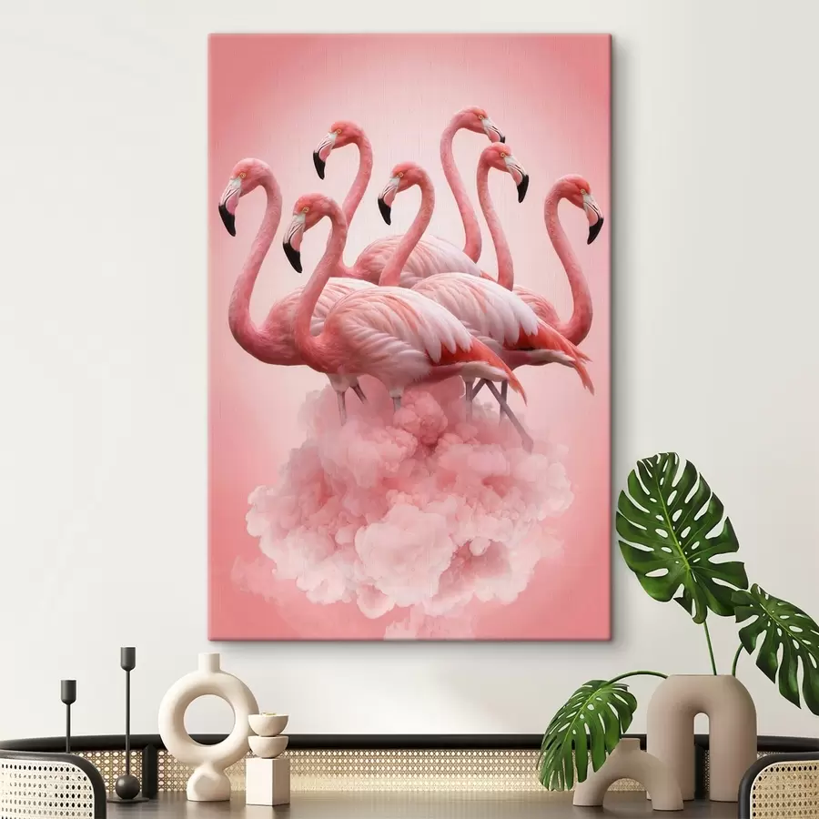 Fototapete Eine Komposition aus anmutigen Flamingos vor einer rosa Wolke in Pastelltönen s50011