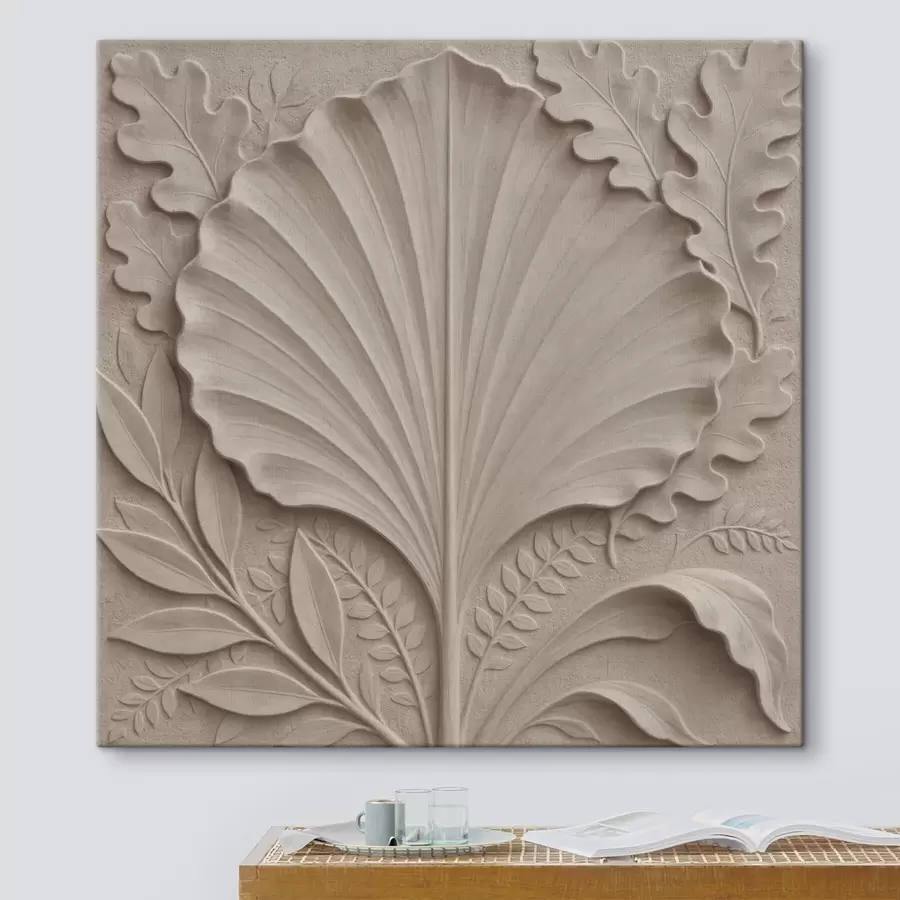 Fototapete Ein botanisches Muster mit dekorativen Blättern in Beige- und Sandtönen s50012