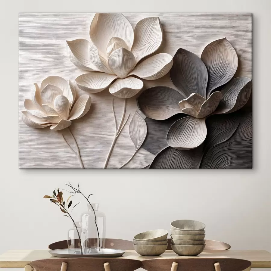 Fototapete Dekorative Blumenreliefs in hellen Creme- und Graphitfarben s50014