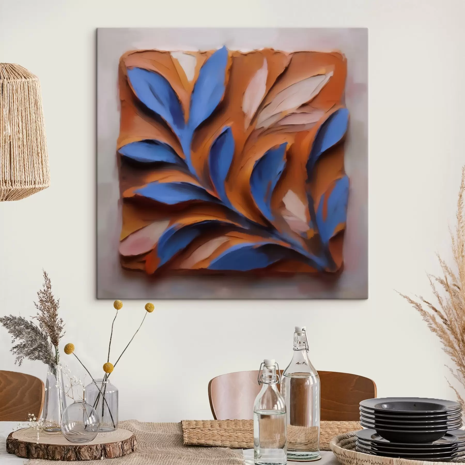 Fototapete Ein plastisches botanisches Bild mit blauen Blättern auf terrakottafarbenem Hintergrund, in Impasto-Technik ausgeführt s50018