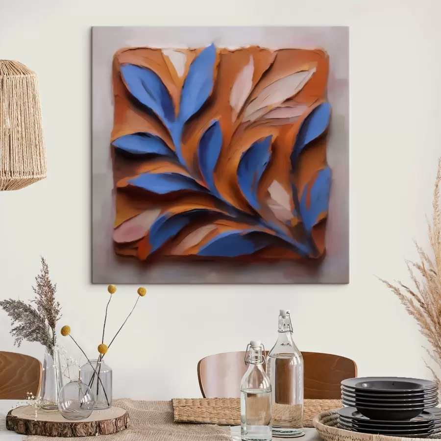 Fototapete Ein plastisches botanisches Bild mit blauen Blättern auf terrakottafarbenem Hintergrund, in Impasto-Technik ausgeführt s50018