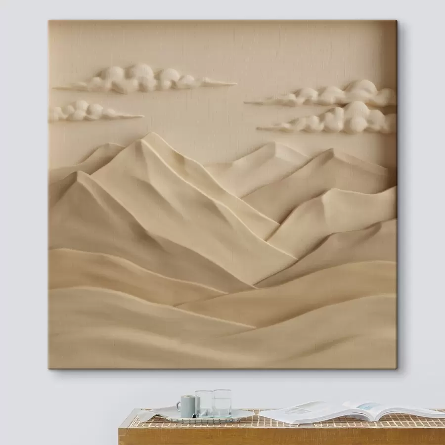 Fototapete Eine minimalistische Landschaft mit plastisch dargestellten Bergen und Wolken im zeitgenössischen Reliefstil s50019