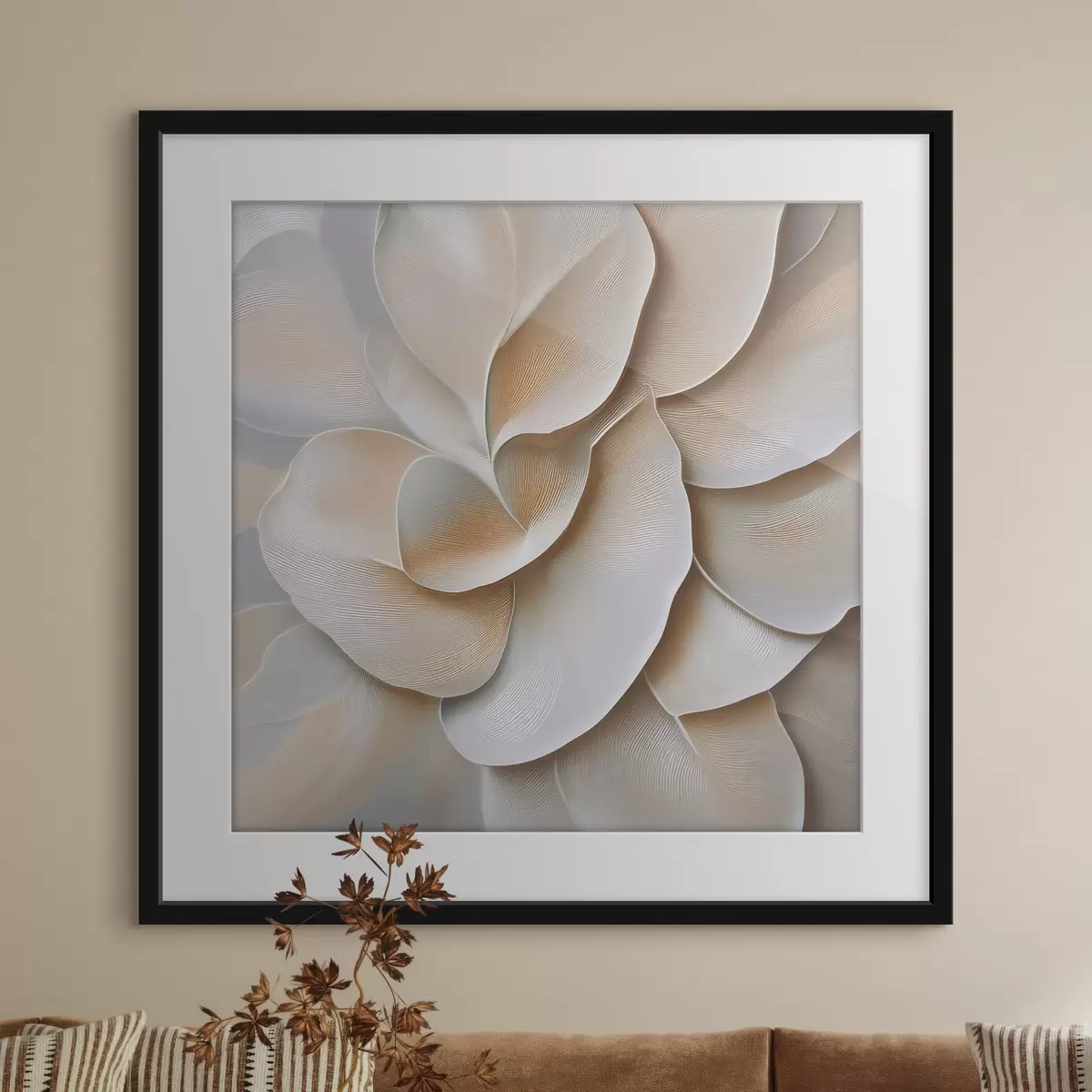 Poster Ein Blumenarrangement mit einer strukturierten Reliefoberfläche in Beige- und Cremetönen f50002