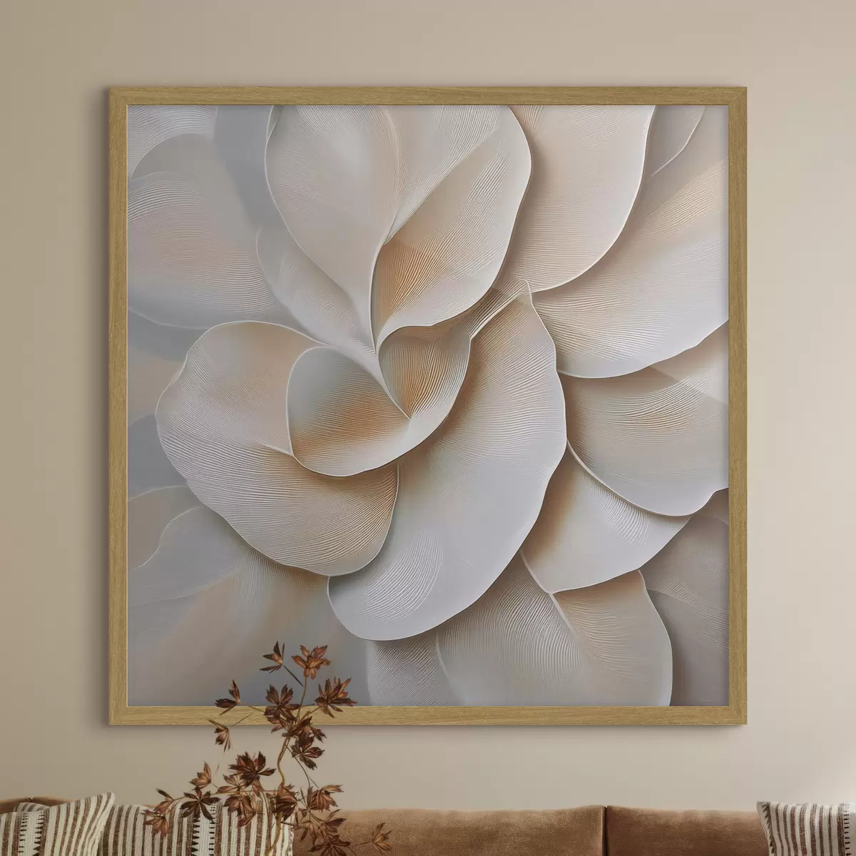 Poster Ein Blumenarrangement mit einer strukturierten Reliefoberfläche in Beige- und Cremetönen f50002