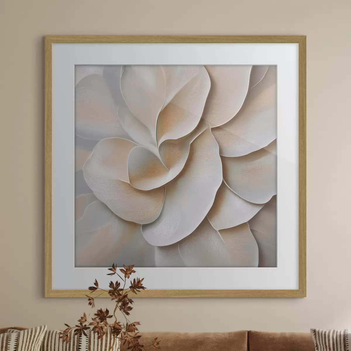 Poster Ein Blumenarrangement mit einer strukturierten Reliefoberfläche in Beige- und Cremetönen f50002