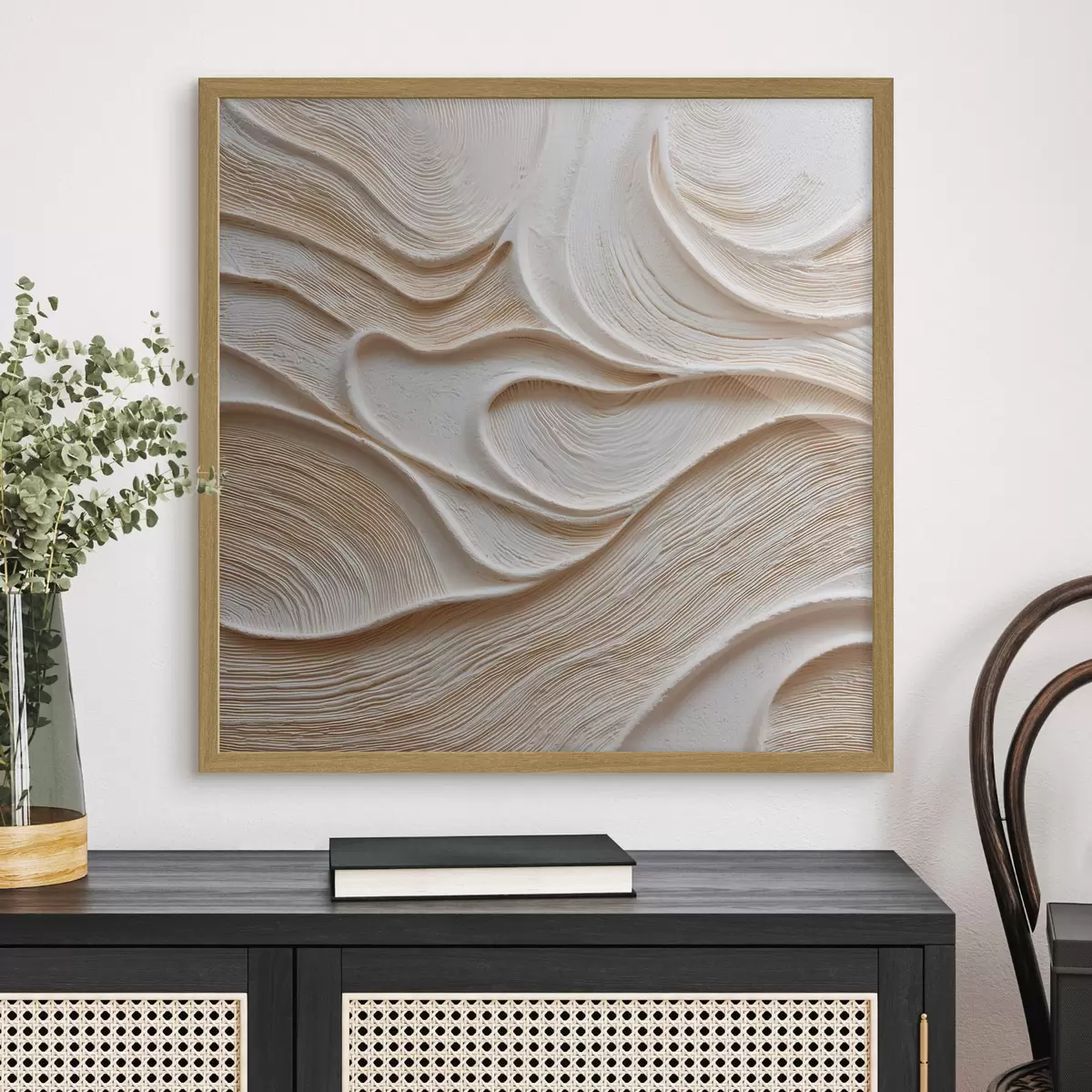 Poster Eine räumlich anmutende Komposition mit sanften, fließenden Wellenlinien in einer Farbpalette aus Beige- und Cremetönen f50005