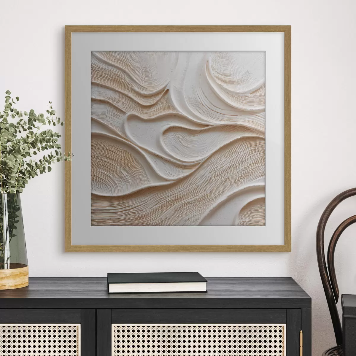 Poster Eine räumlich anmutende Komposition mit sanften, fließenden Wellenlinien in einer Farbpalette aus Beige- und Cremetönen f50005