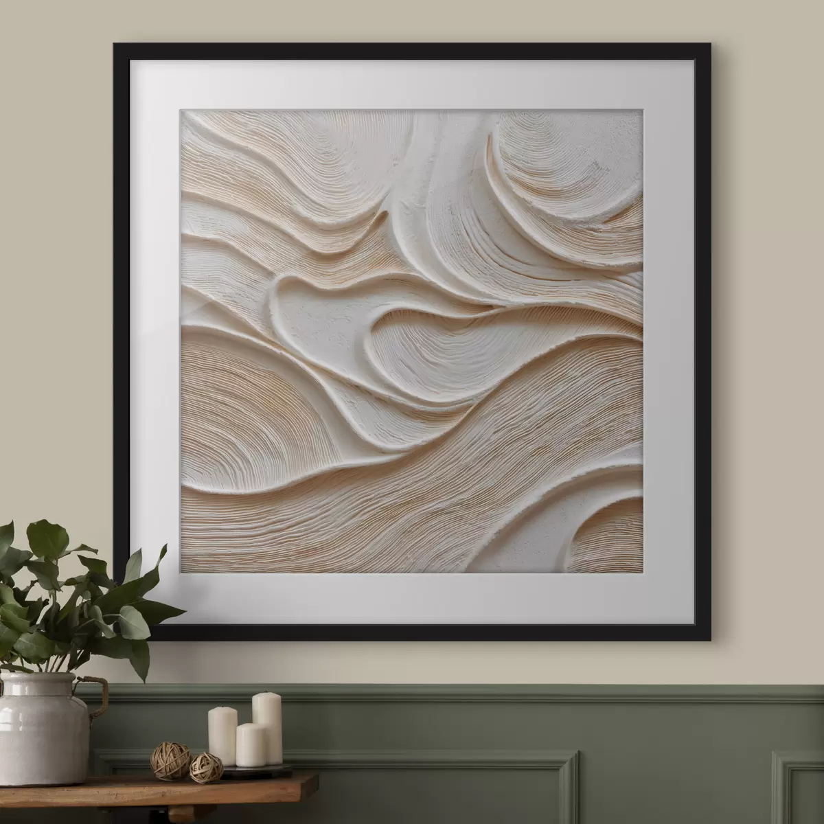 Poster Eine räumlich anmutende Komposition mit sanften, fließenden Wellenlinien in einer Farbpalette aus Beige- und Cremetönen f50005