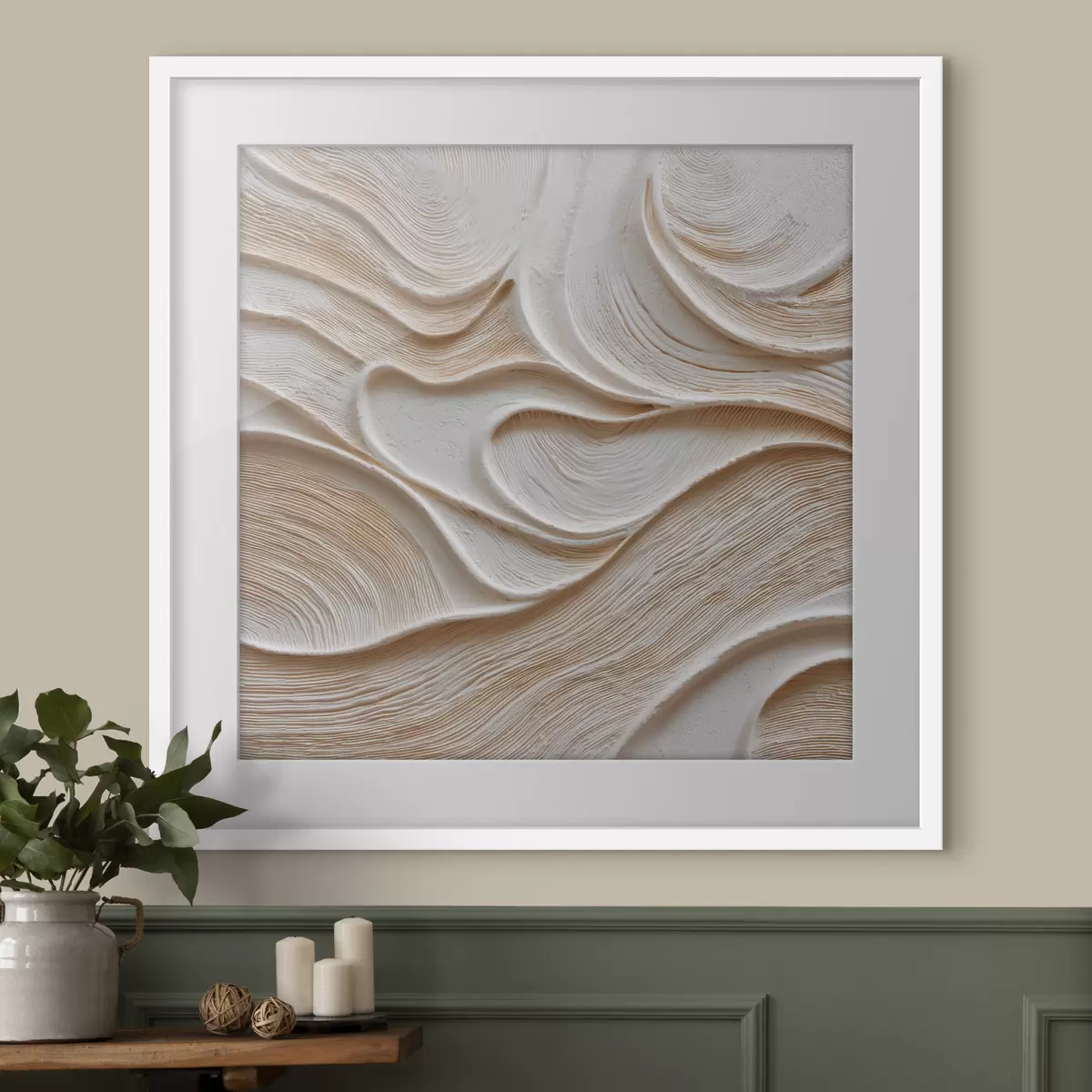 Poster Eine räumlich anmutende Komposition mit sanften, fließenden Wellenlinien in einer Farbpalette aus Beige- und Cremetönen f50005