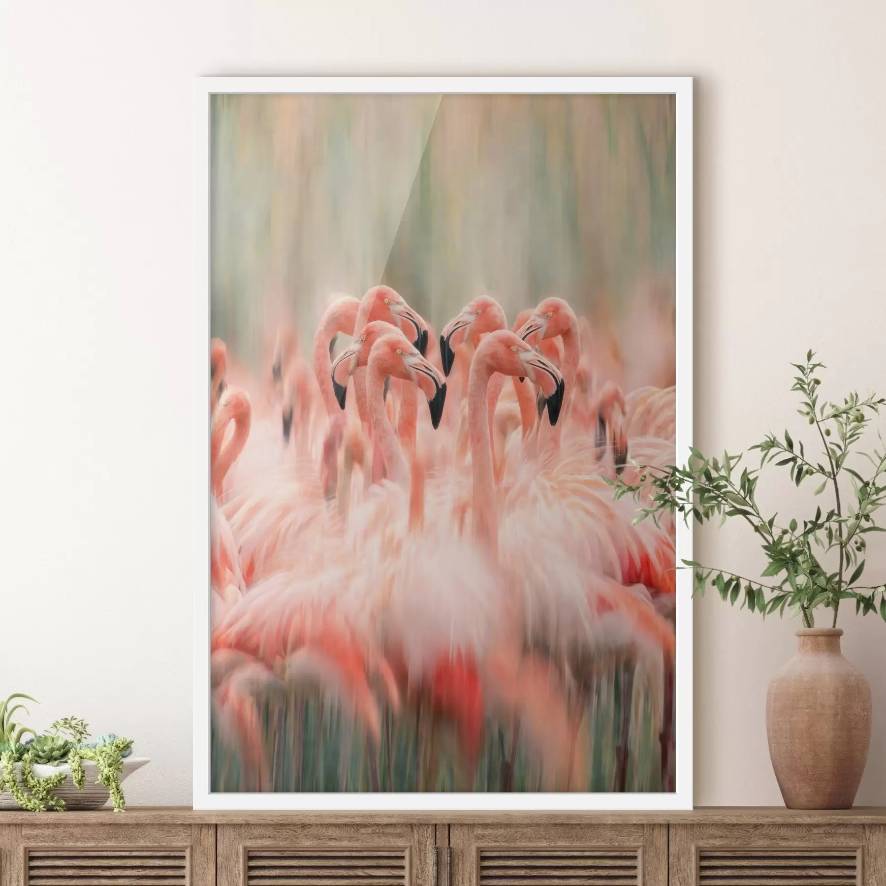 Fototapete Ein Schwarm rosa Flamingos mit einem künstlerischen Unschärfeeffekt in Pastelltönen f50008