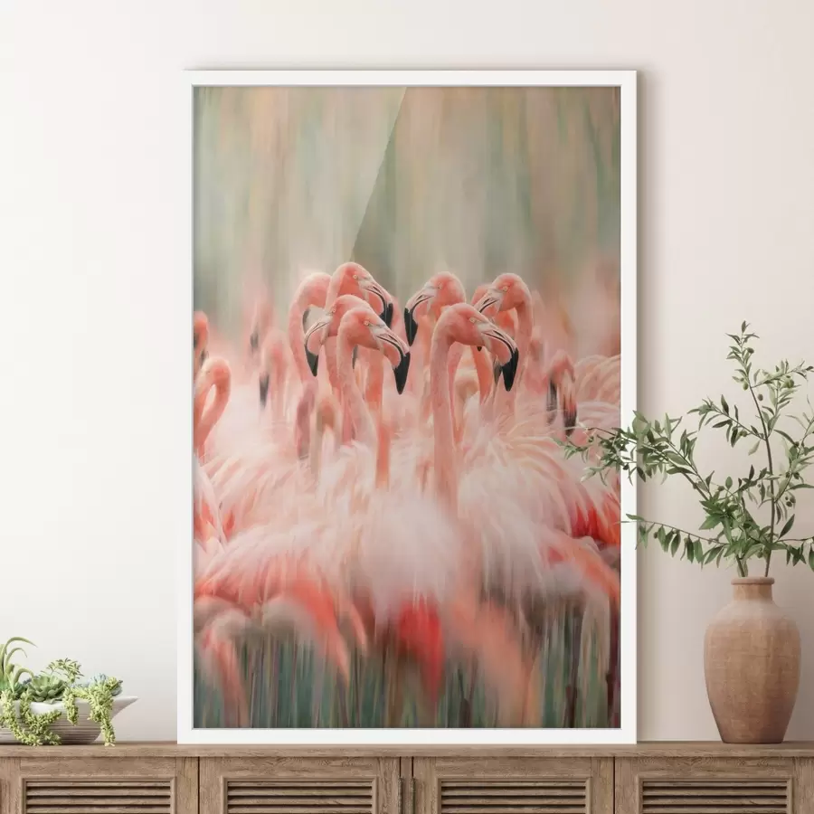 Fototapete Ein Schwarm rosa Flamingos mit einem künstlerischen Unschärfeeffekt in Pastelltönen f50008
