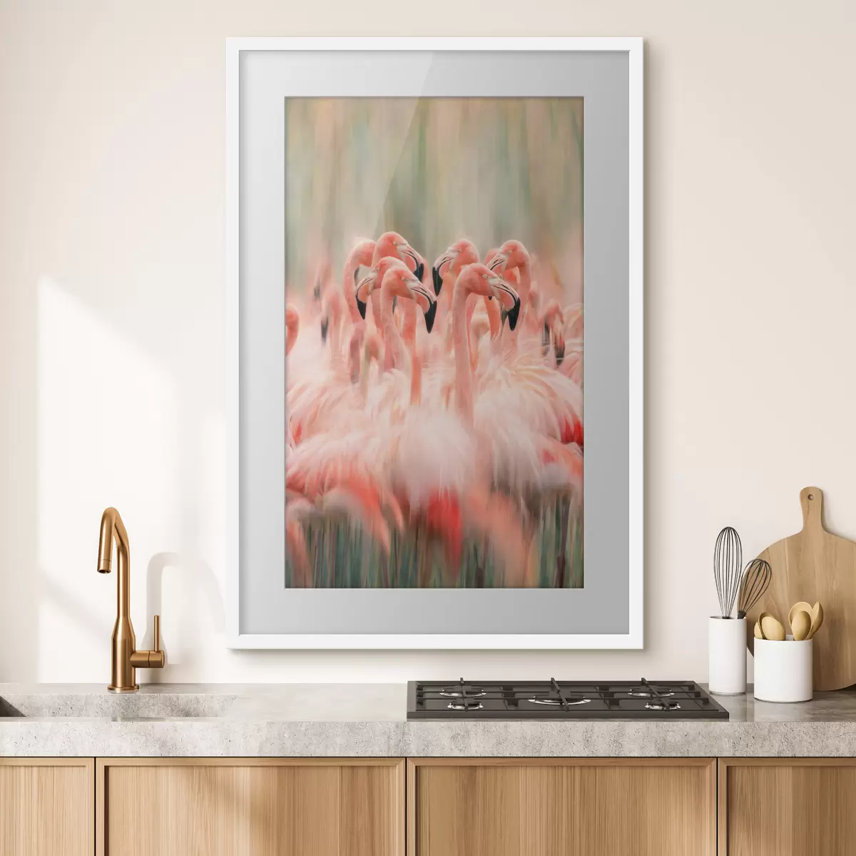 Poster Ein Schwarm rosa Flamingos mit einem künstlerischen Unschärfeeffekt in Pastelltönen f50008