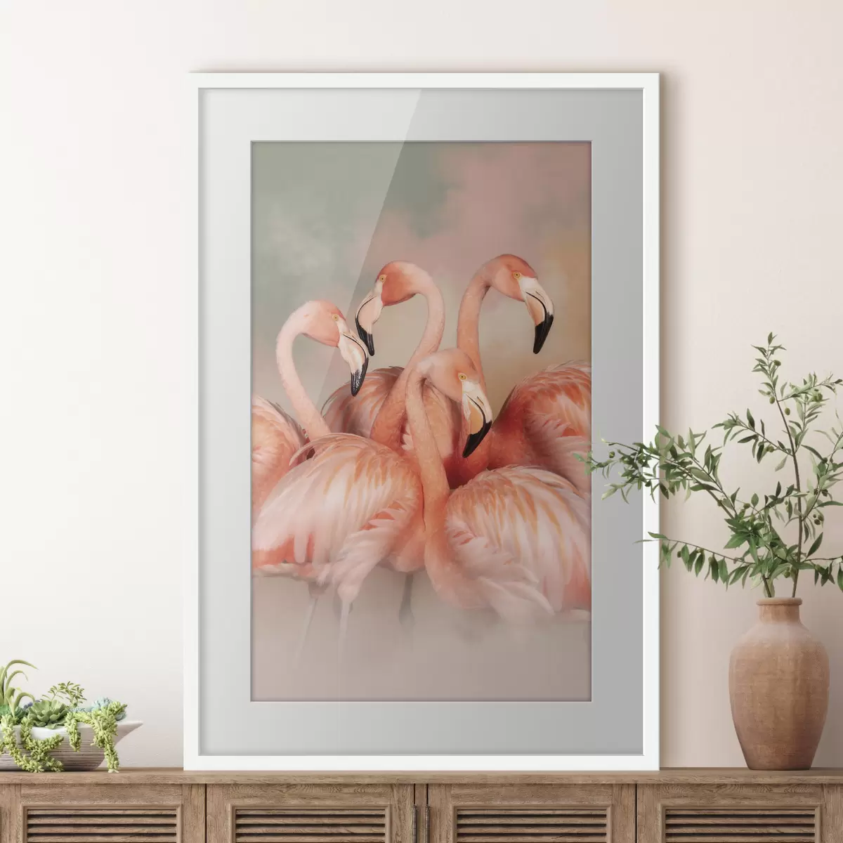 Poster Rosa Flamingos in einem Pastellfarbene Schleier: eine dekorative Komposition f50009