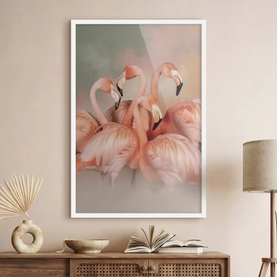 Fototapete Rosa Flamingos in einem Pastellfarbene Schleier: eine dekorative Komposition f50009