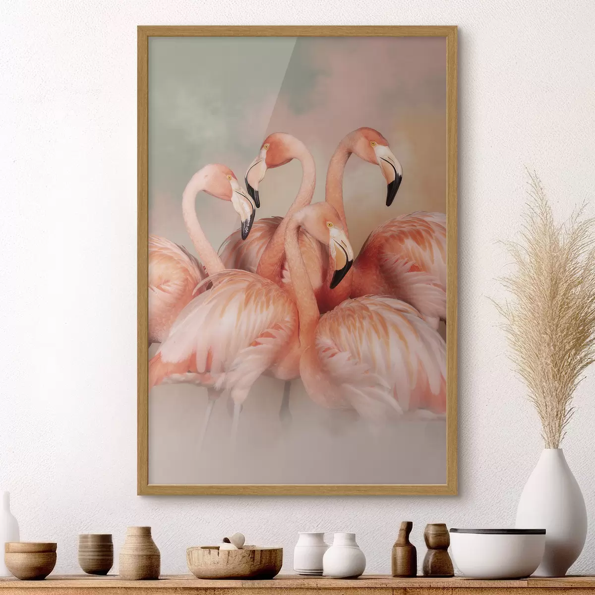 Poster Rosa Flamingos in einem Pastellfarbene Schleier: eine dekorative Komposition f50009