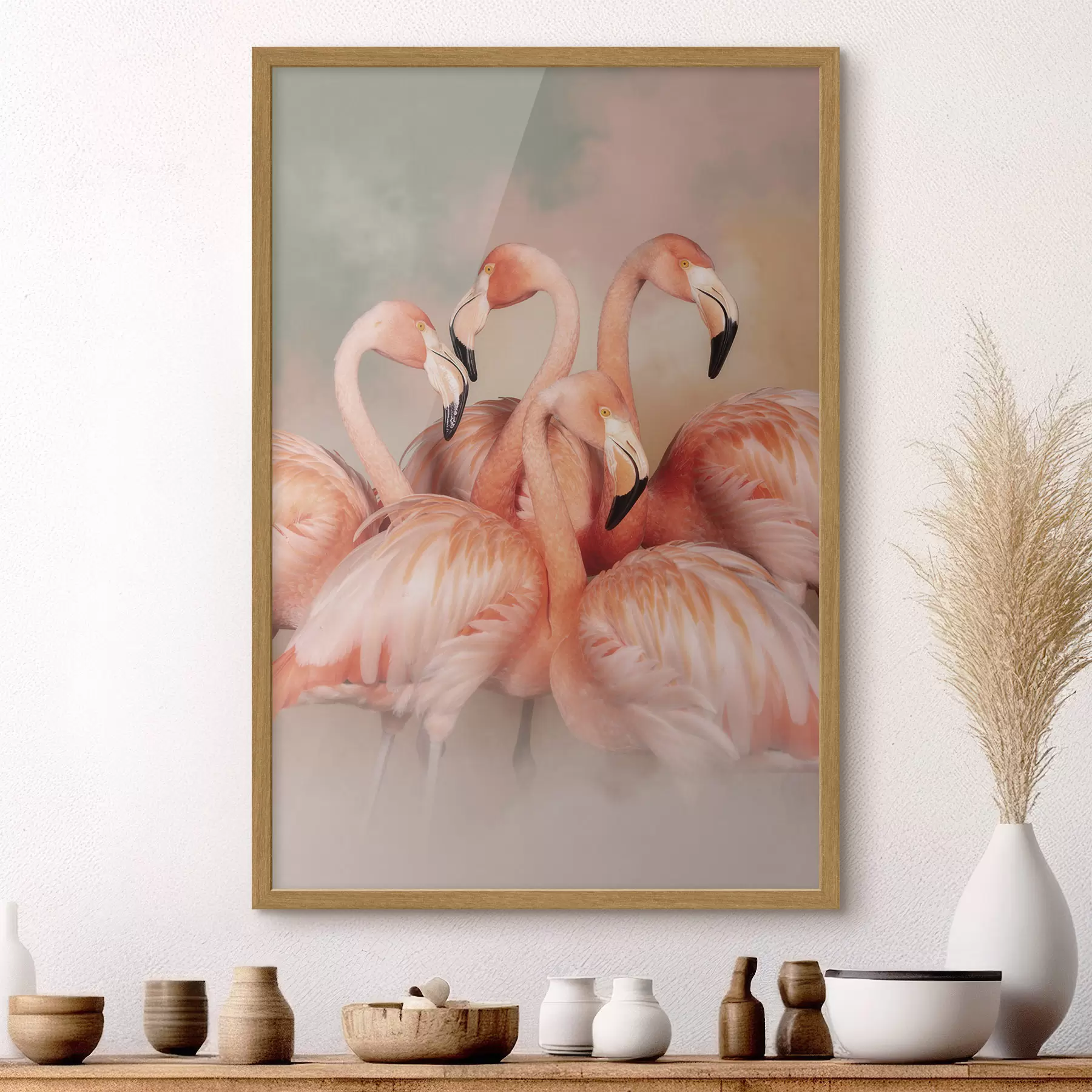 Fototapete Rosa Flamingos in einem Pastellfarbene Schleier: eine dekorative Komposition f50009