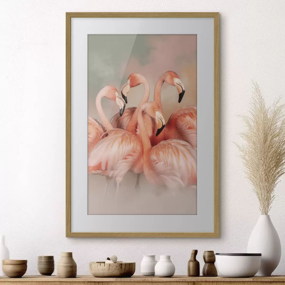 Poster Rosa Flamingos in einem Pastellfarbene Schleier: eine dekorative Komposition f50009