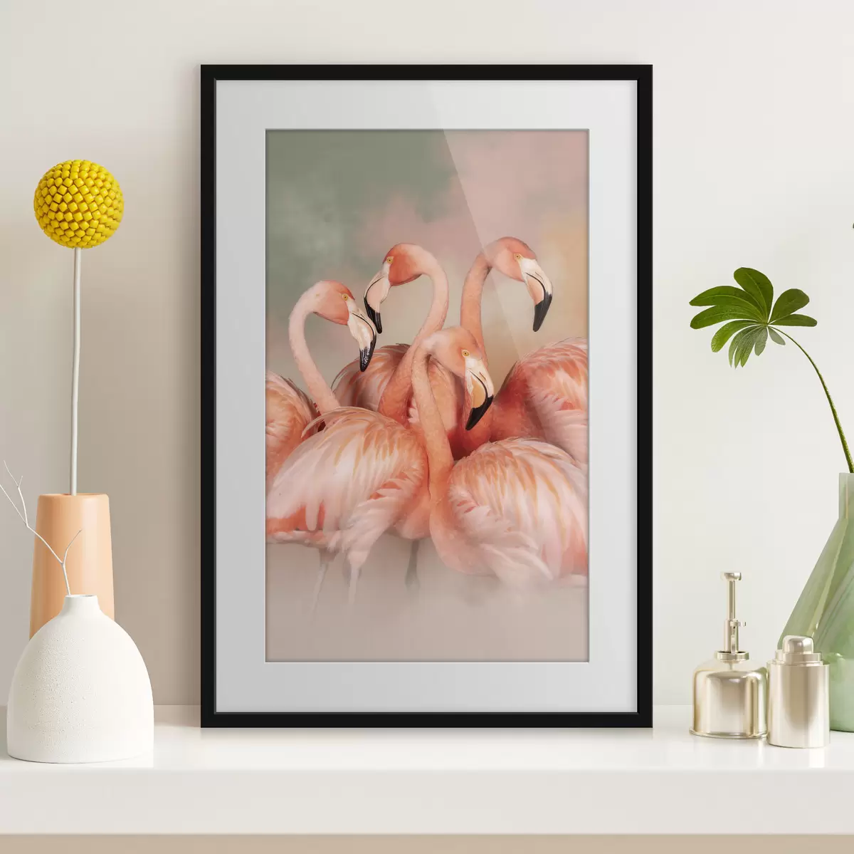 Poster Rosa Flamingos in einem Pastellfarbene Schleier: eine dekorative Komposition f50009