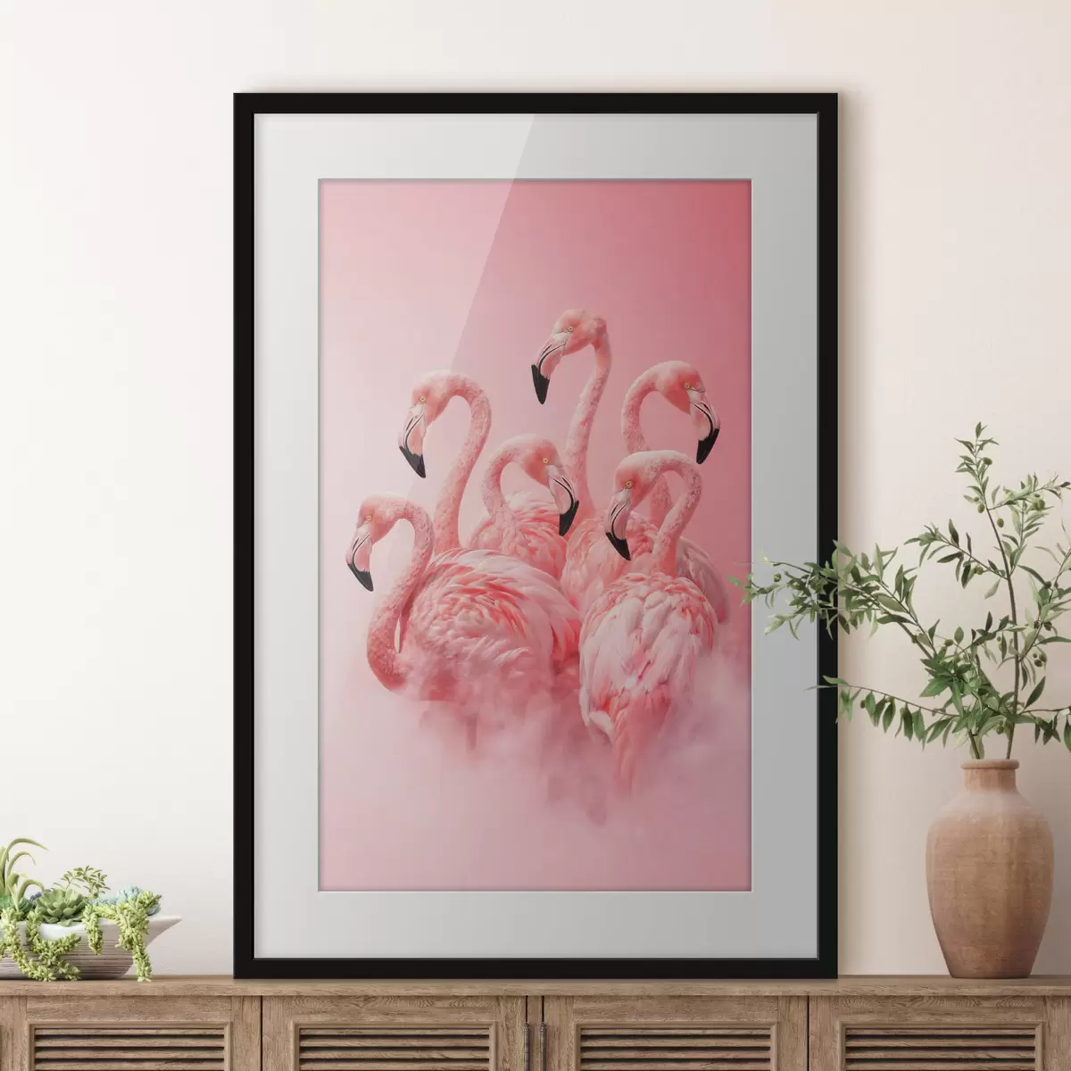 Poster Rosa Flamingos in leichtem Nebel: eine dekorative Szene in zarten Farbtönen f50010