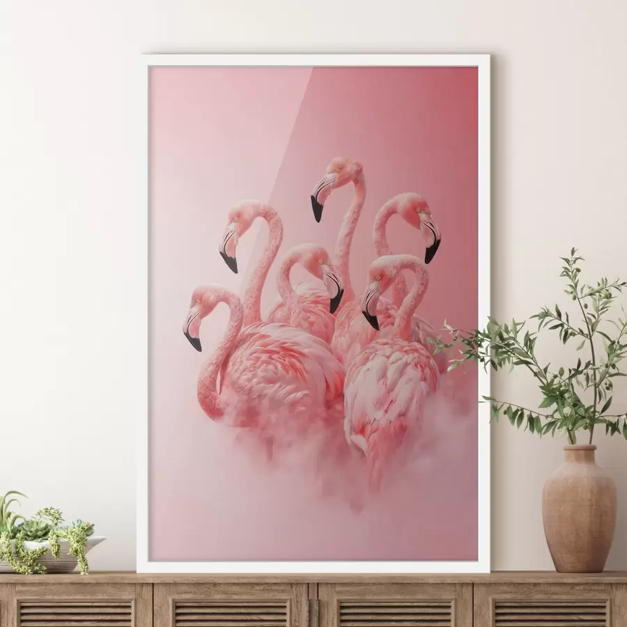 Fototapete Rosa Flamingos in leichtem Nebel: eine dekorative Szene in zarten Farbtönen f50010