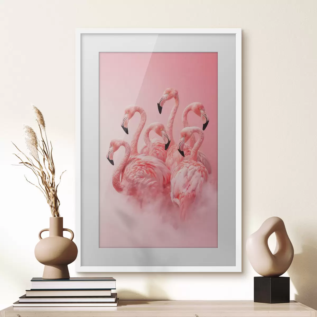 Poster Rosa Flamingos in leichtem Nebel: eine dekorative Szene in zarten Farbtönen f50010