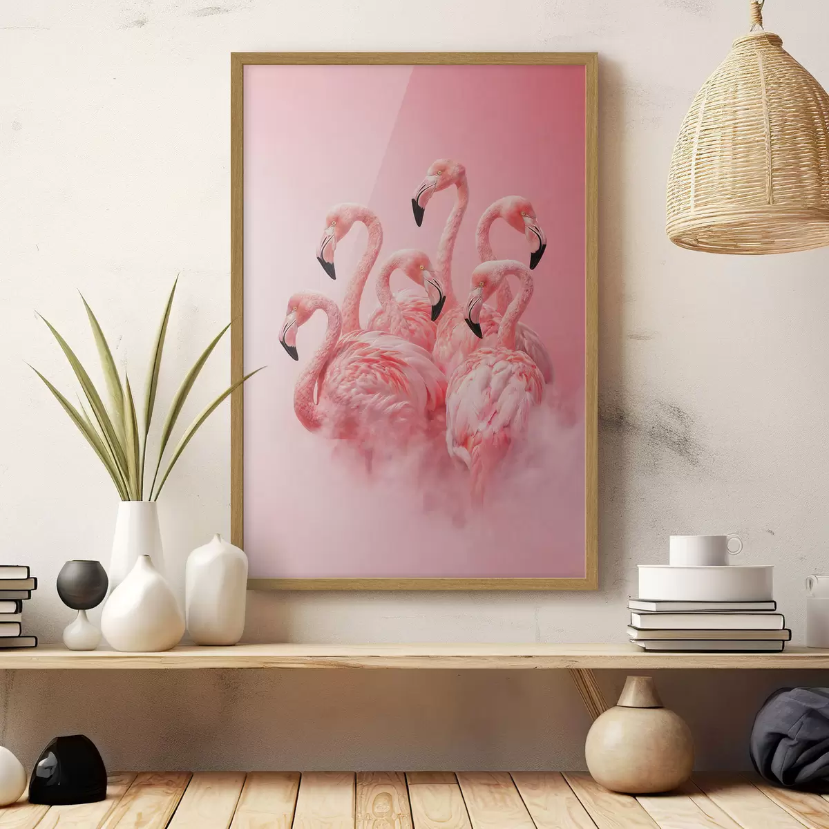 Poster Rosa Flamingos in leichtem Nebel: eine dekorative Szene in zarten Farbtönen f50010