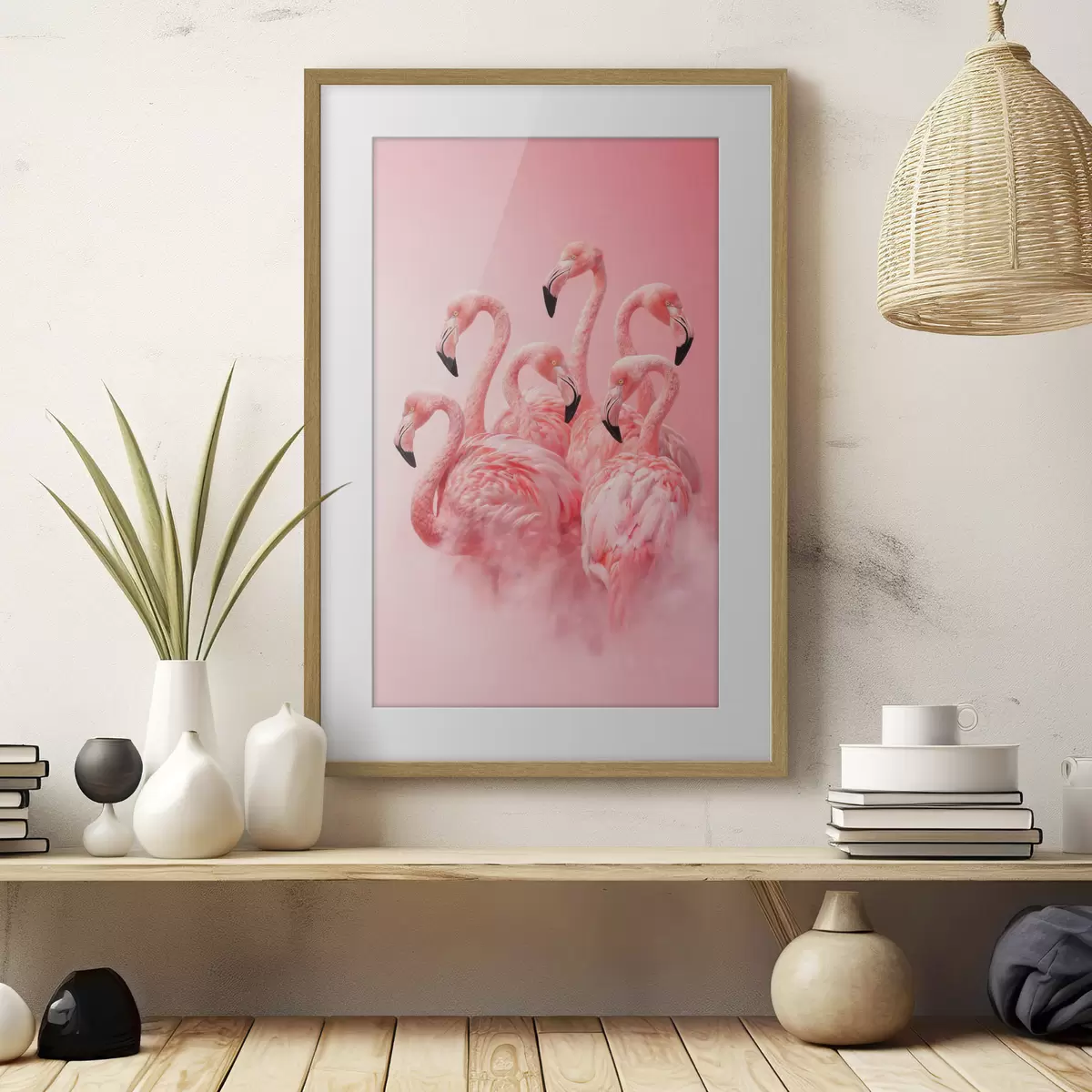 Poster Rosa Flamingos in leichtem Nebel: eine dekorative Szene in zarten Farbtönen f50010