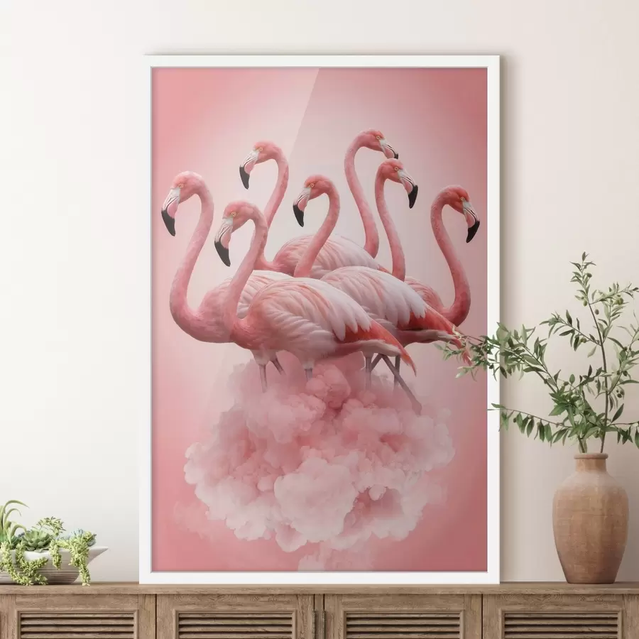 Fototapete Eine Komposition aus anmutigen Flamingos vor einer rosa Wolke in Pastelltönen f50011