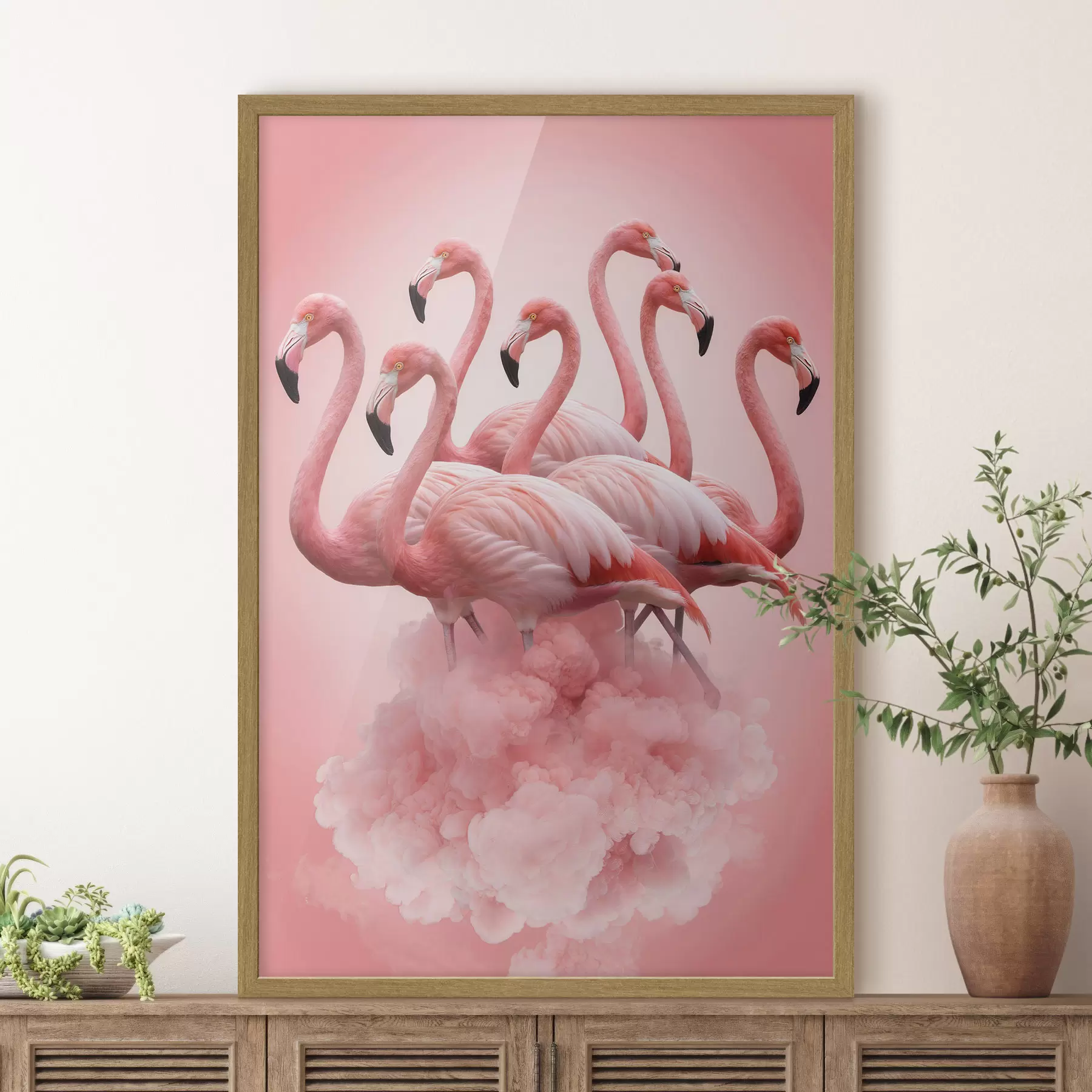 Fototapete Eine Komposition aus anmutigen Flamingos vor einer rosa Wolke in Pastelltönen f50011