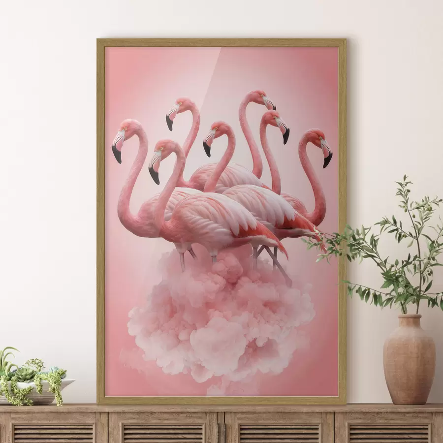 Fototapete Eine Komposition aus anmutigen Flamingos vor einer rosa Wolke in Pastelltönen f50011