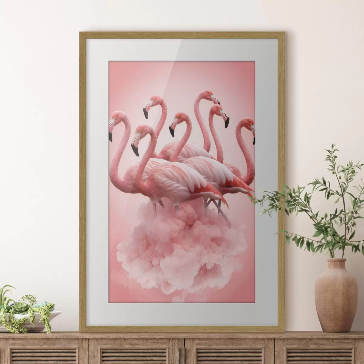 Poster Eine Komposition aus anmutigen Flamingos vor einer rosa Wolke in Pastelltönen f50011