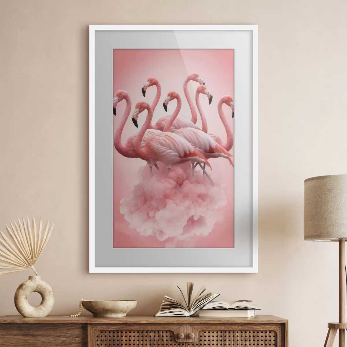 Poster Eine Komposition aus anmutigen Flamingos vor einer rosa Wolke in Pastelltönen f50011