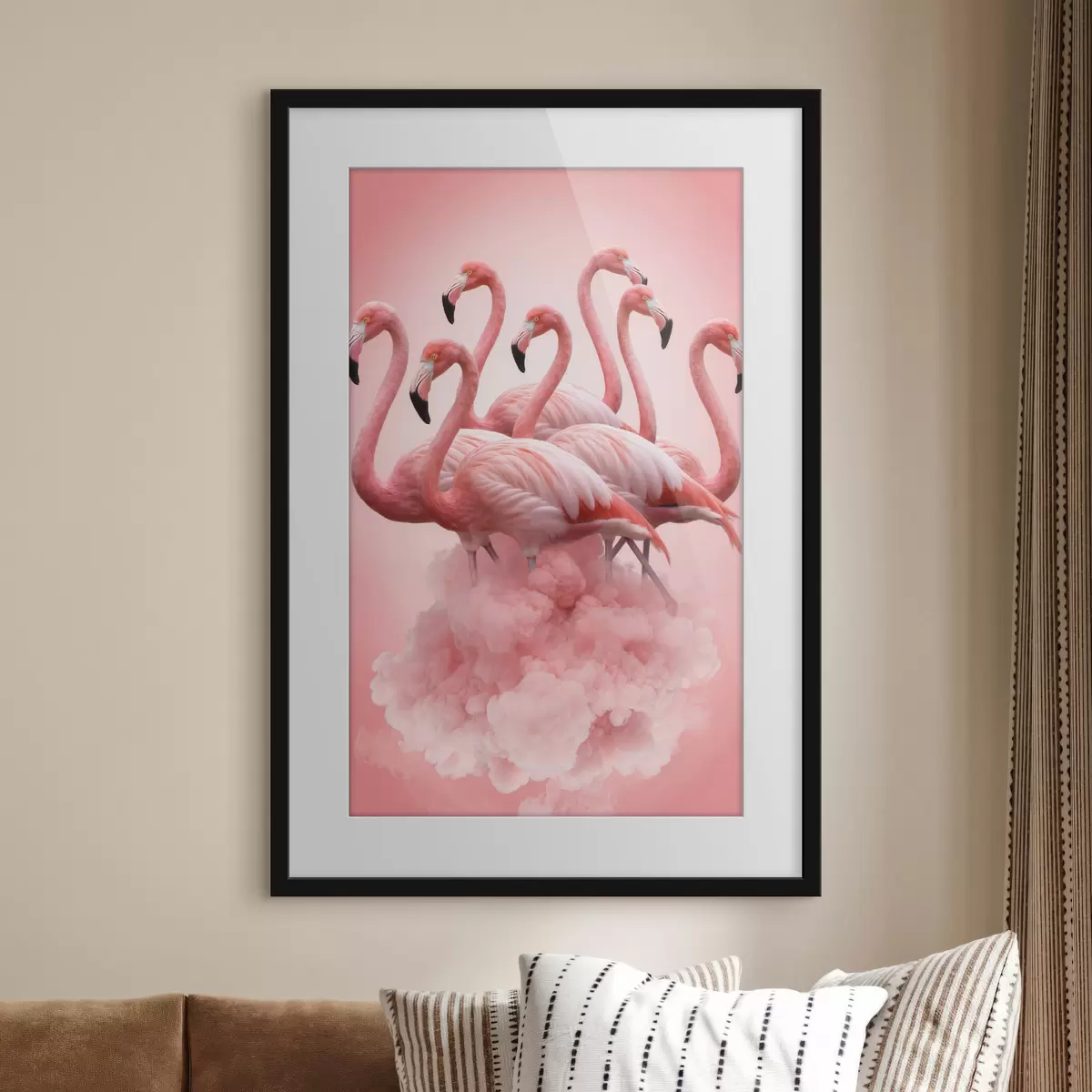 Poster Eine Komposition aus anmutigen Flamingos vor einer rosa Wolke in Pastelltönen f50011