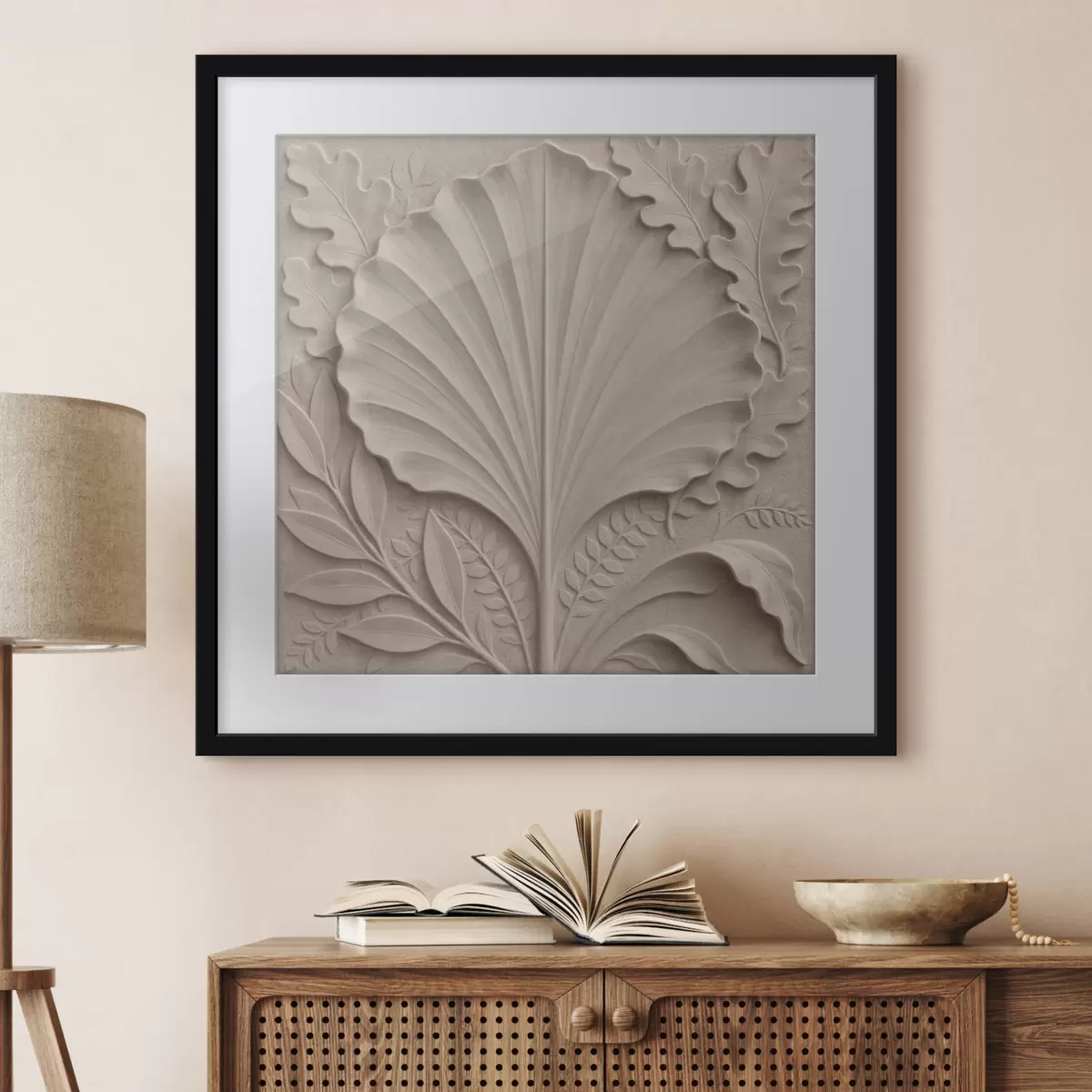 Poster Ein botanisches Muster mit dekorativen Blättern in Beige- und Sandtönen f50012